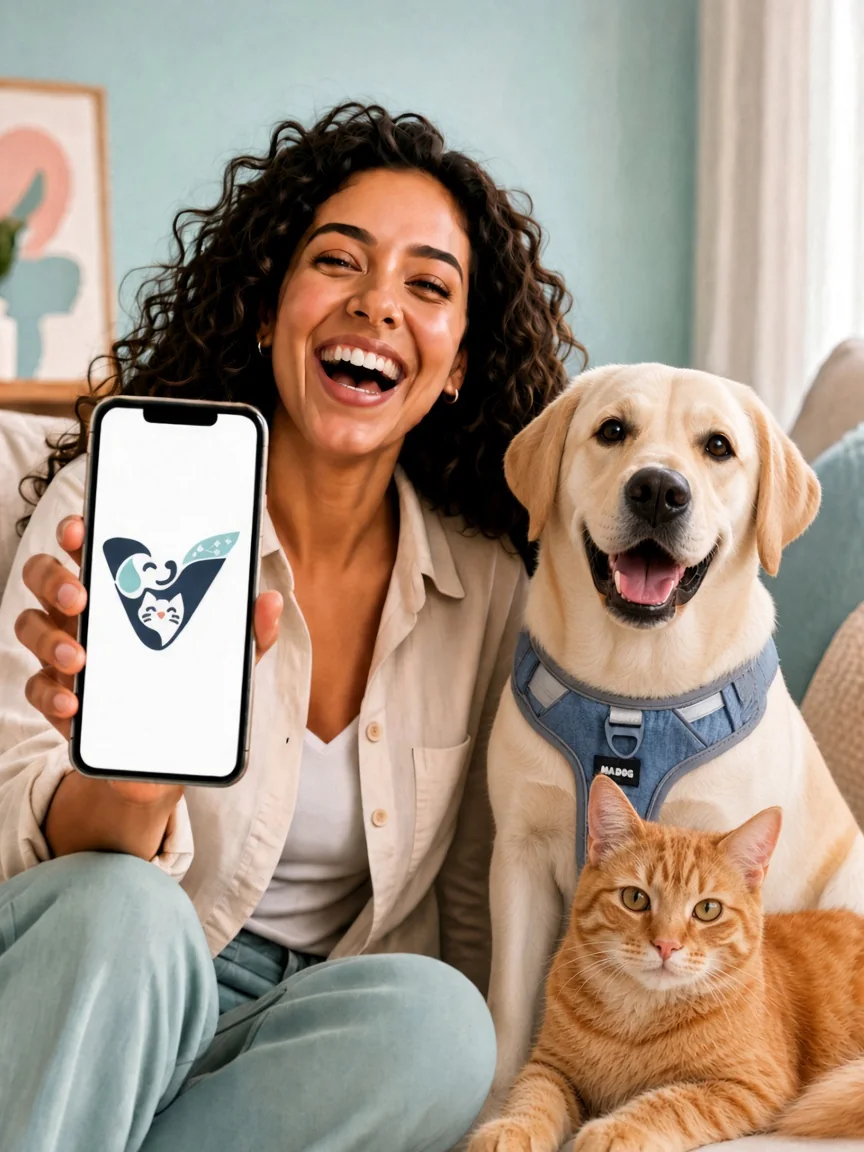 Tutora sorrindo com seu cachorro e seu gato, mostrando o app VoaPet no celular
